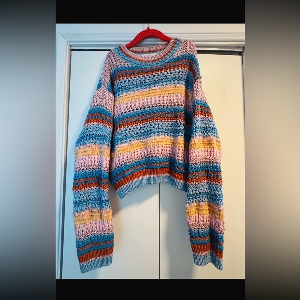 Zara Striped Open-Knit Scoop Neck Sweater in Blue, Pink, Yellow, Rust